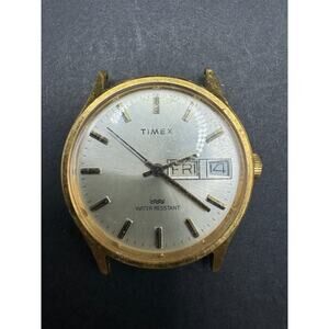 Vintage Timex Water Resistant Date/Day Wristwatch Gold Tone Taiwan No Band